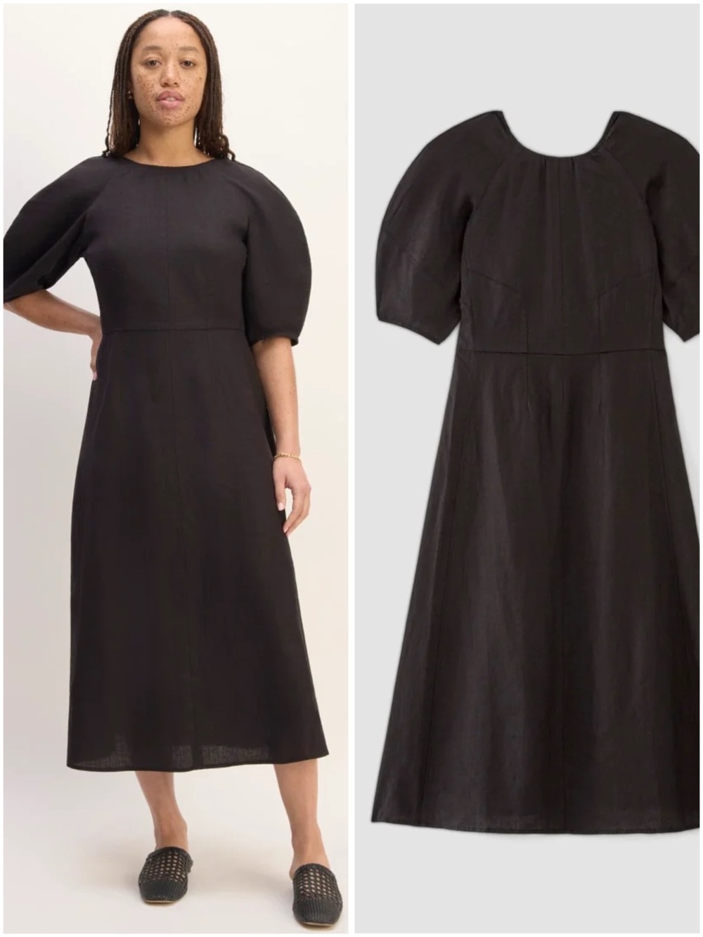Everlane Linen Short-Sleeve Scoop Midi Dress Black Size 8 Puff Sleeve NWOT Basic